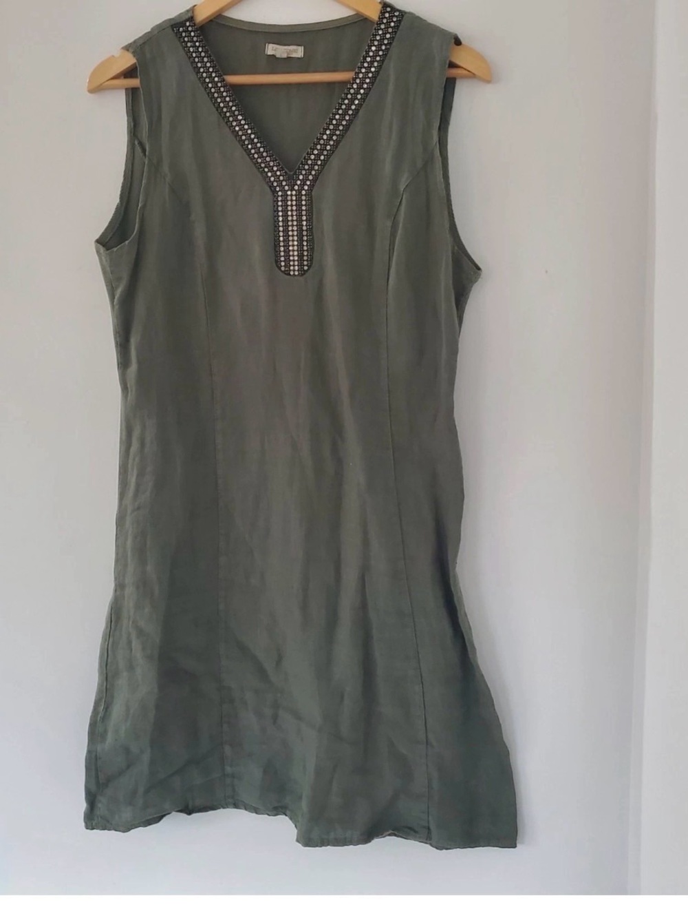 LINA TOMEI Khaki Green 100% Linen Sleeveless Dress L Rhinestones V-Neck ITALY